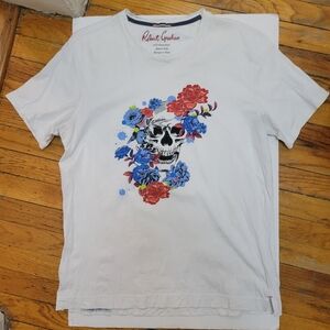 Robert‎ Graham White Tee with Skull Floral Design L Goth Biker Artsy